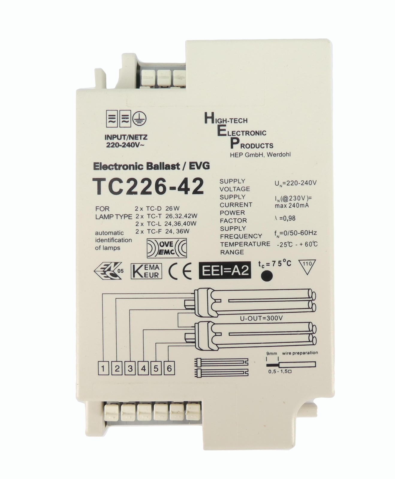 HEP Electronic Ballast TC22642, 220240V AC/5060Hz42W