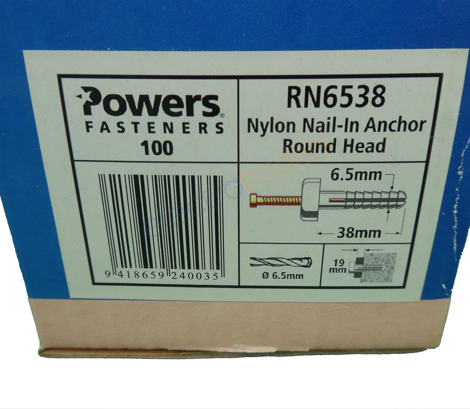 Powers RN6538 Nylon NailIn Round Head Anchors 38x6.5mm Box of 100