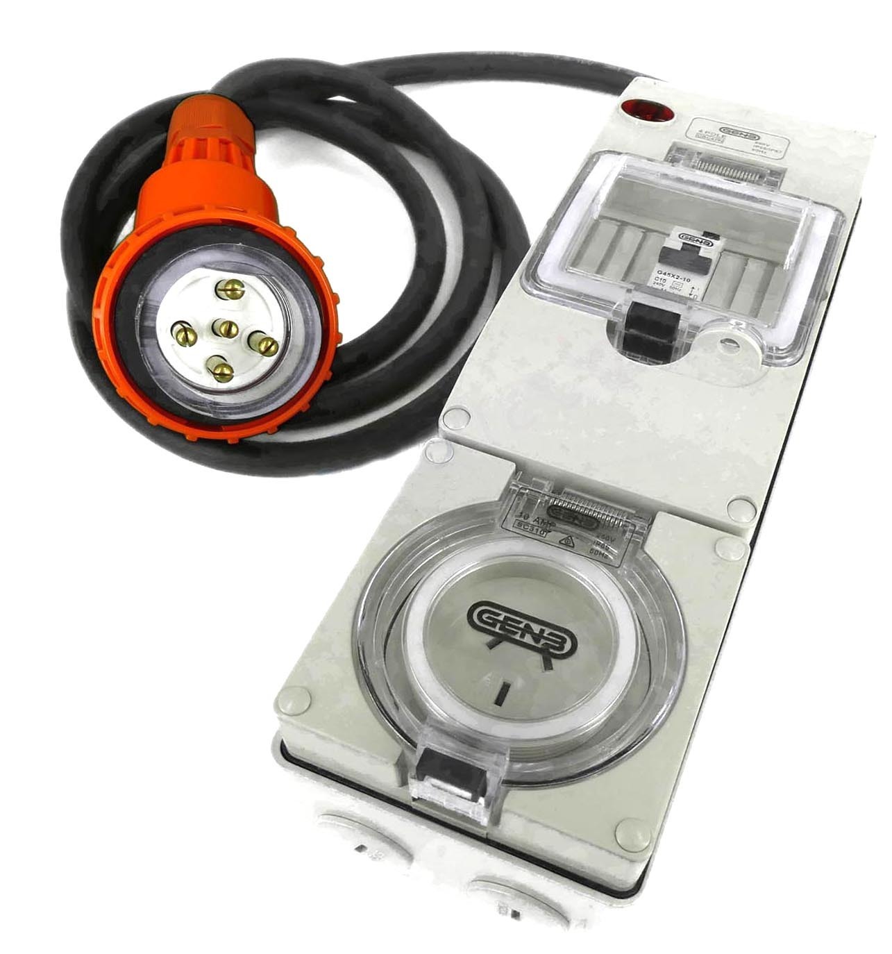 Three Phase To Single Phase Protected Adapter 5 Pin 20A Angled Plug to 3 Pin 10 Amp Socket