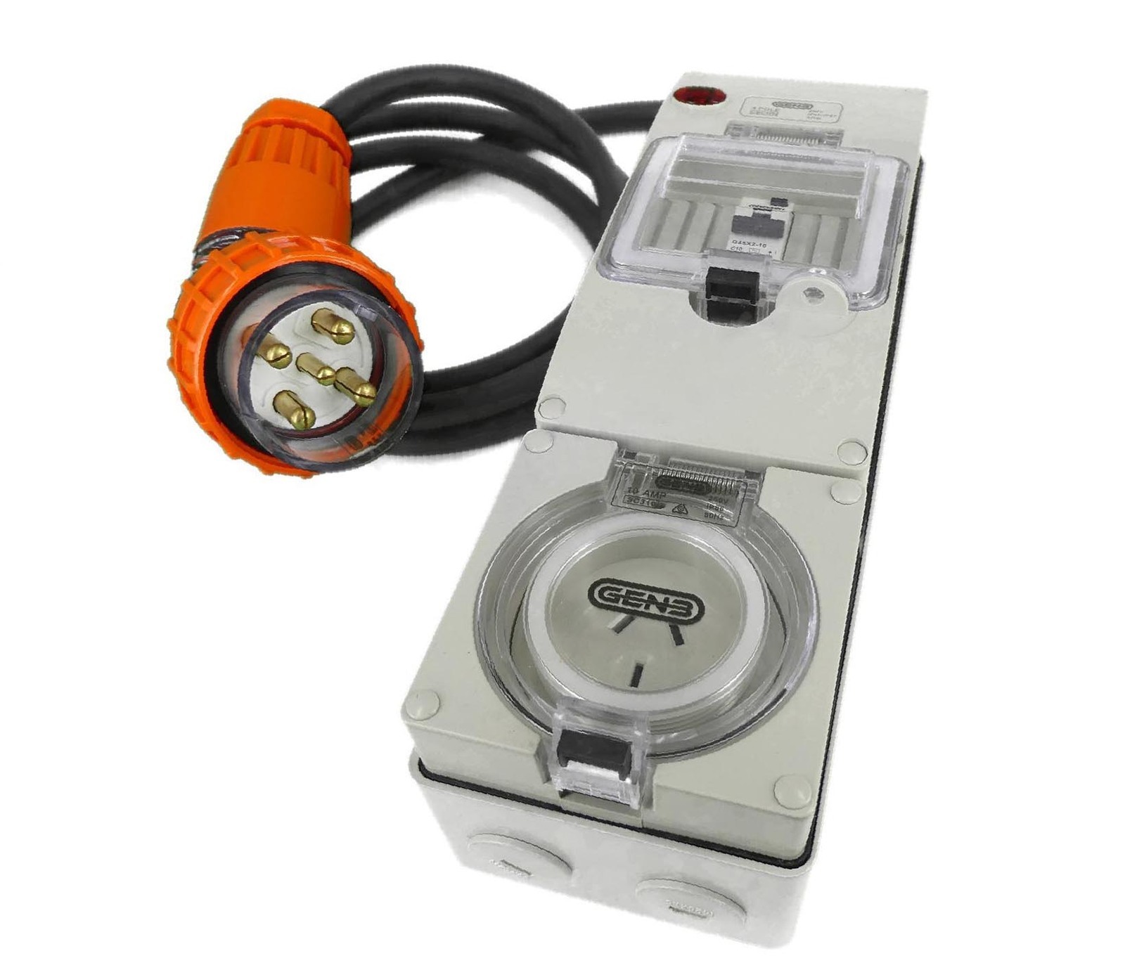 3 Phase To Single Phase Protected Adapter 5 Pin 32A Angled Plug to 3 Pin 10 Amp Socket