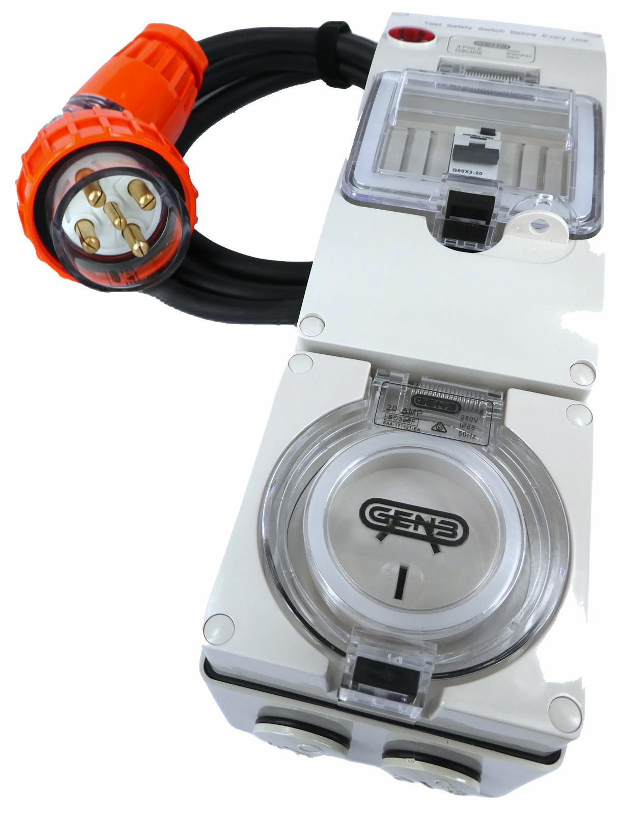3 Phase To Single Phase Protected Adapter 5 Pin 32A Angled Plug to 3 Pin 20 Amp Socket