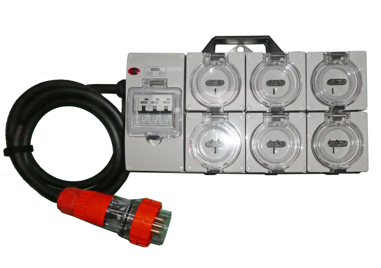 Power Board 5 Pin 32A to 6 X 15A RCBO Protected Outlets with Hanging Bracket