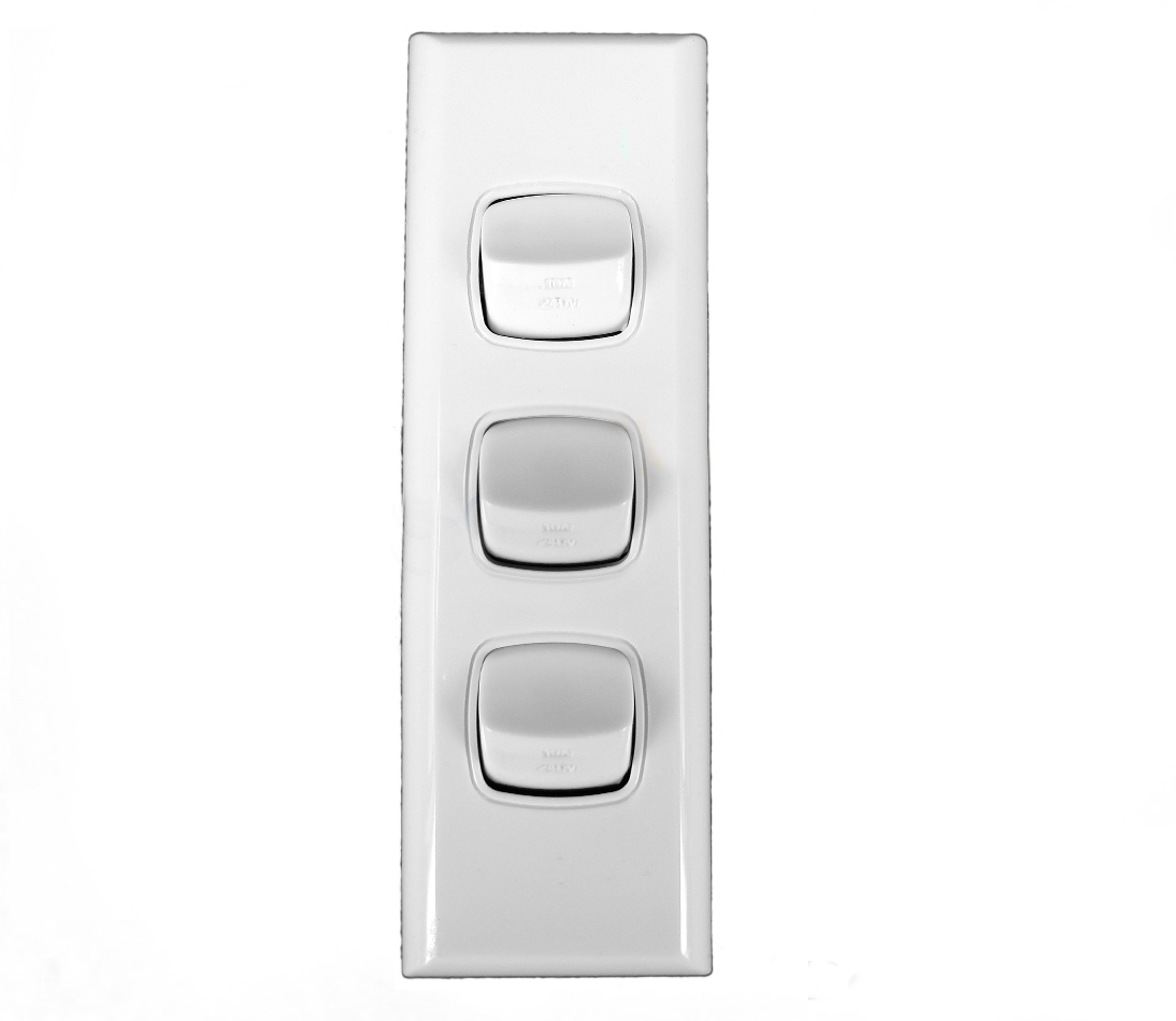 Powerclip 3 Gang Architrave Light Switch Double Pole 10 Amp
