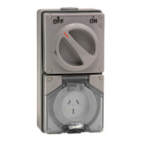IP66 Clipsal 56 Series - Switched Socket Outlet - 250V, 15A, 3 Flat PIN, 1 Pole - Grey