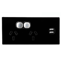 Opal Series LED Push Button Double Power Point Glass-Look Finish with 5V 2x2.1A USB Black