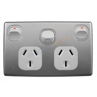 GPO2XSWSC Power Point Double 240V 10A GPO with Extra Switch Tesla Standard Series Silver